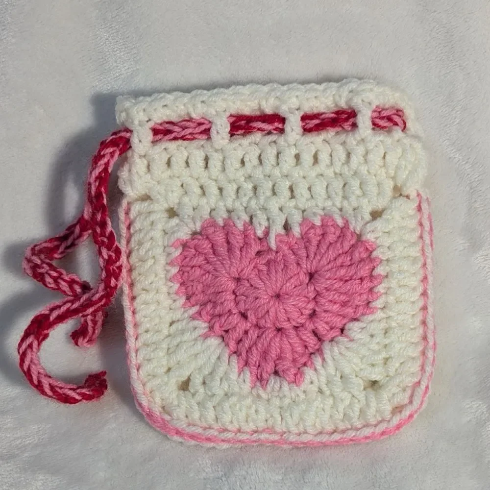 Handmade Crochet Heart Strawberry White Pink Red Green String Pouch Wristlet Bag